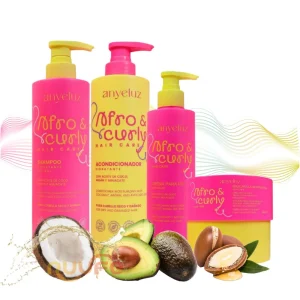 ANYELUZ KIT AFRO & CURLY - Shampoo, Acondicionador, Crema para peinar y Mascarilla capilar (4 pack)