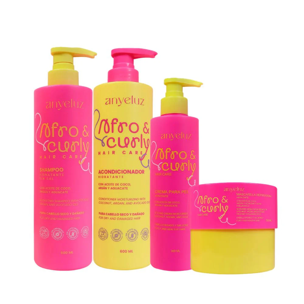 ANYELUZ KIT AFRO & CURLY – Shampoo, Acondicionador, Crema para peinar y Mascarilla capilar (4 pack)