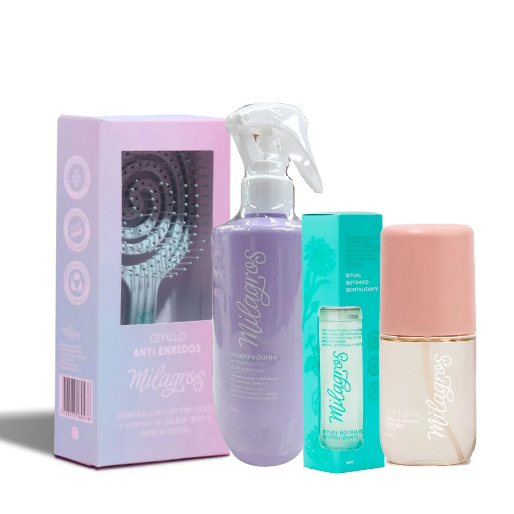 Milagros Cepillo Desenredante Masajeador, Milagros Desenredante Termoprotector, Milagros Serum Revitalizante y Milagros Perfume Sublime – Milagros Kit Cabello Perfecto (4 Pack)