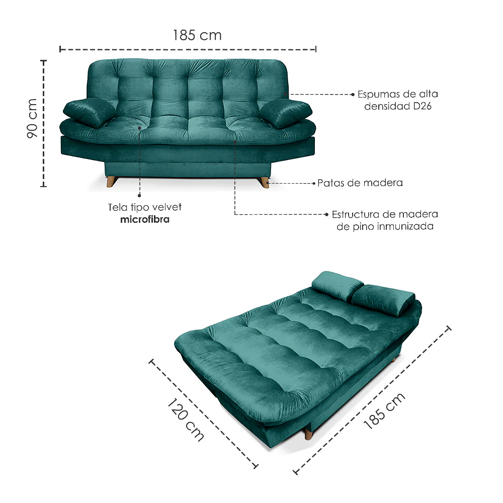 Sofa cama 3 Posiciones Fendik Tela Turquesa - Imagen 6
